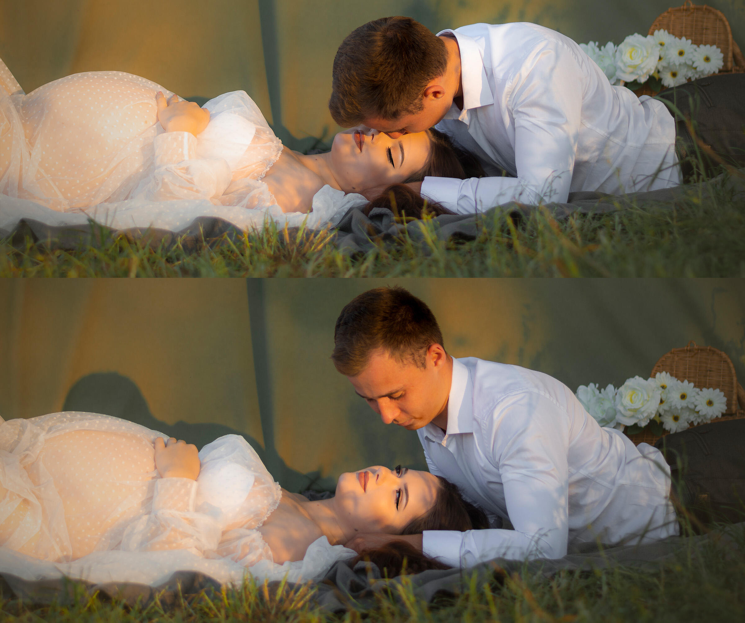 Untitled nėščia moteris guli ant dekio gamtoje, jos partneris bučiuoja jos kaktą