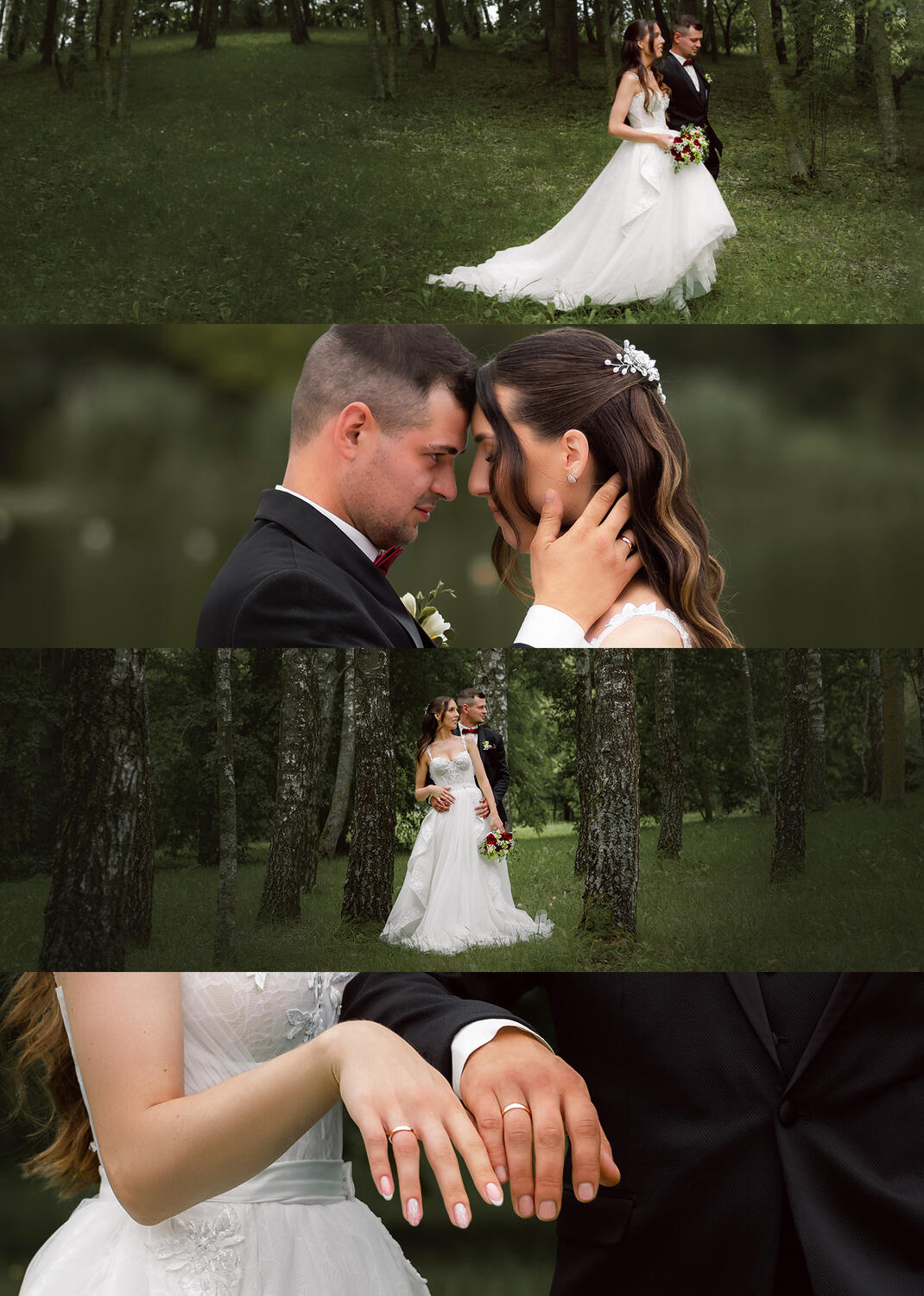 Vestuvinė fotosesija, fotografijų koliažas Vestuvių fotosesija gamtoje, jaunųjų portretai