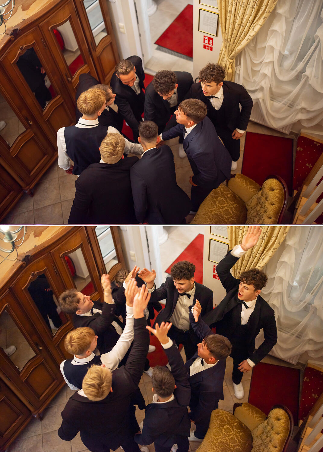 Vaikinai drąsinasi šokiui Vestuvių šventės fotografija, atsitiktinis momentas